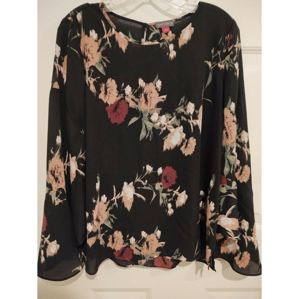 Vince Camuto Black Floral-Print Bell-sleeve Blouse
